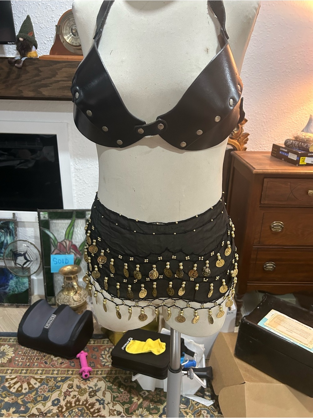 Black Coin Trim hip scarf and leather belly dance bra.